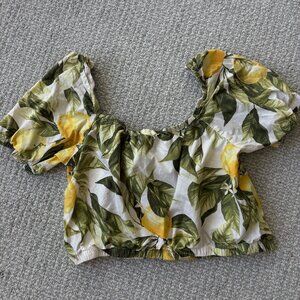 Vibrant Lemon Print Puff Sleeve Crop Top - Summer Fruit Graphic